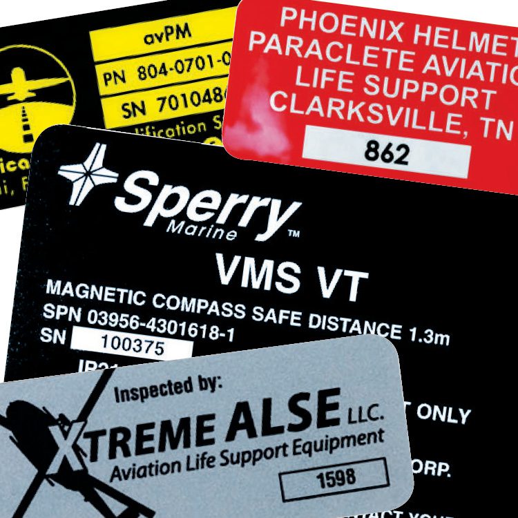 Aviation equipment data plates with serial numbers
