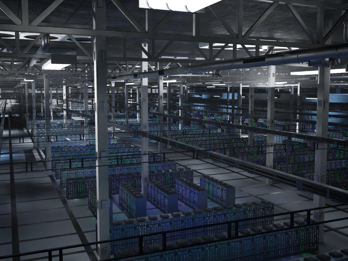 Rows of server racks in a data center