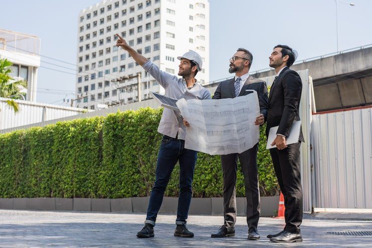 Energy engineers discussing with two businessmen pointing energy solar panel installation location blueprints building