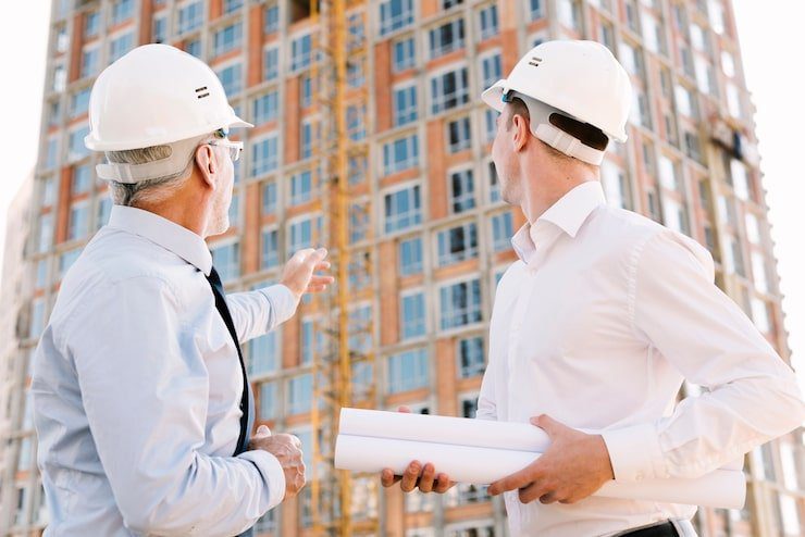Low angle people with helmets looking scaffolding design