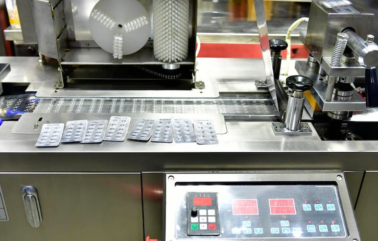 Silver foil blister packs on a packaging line
