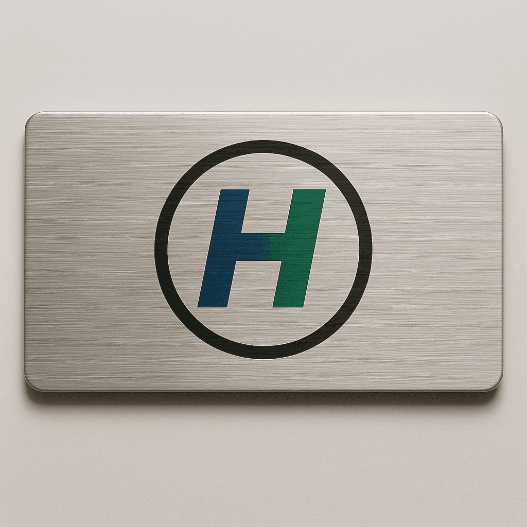 Brushed aluminum nameplate with a printed logo