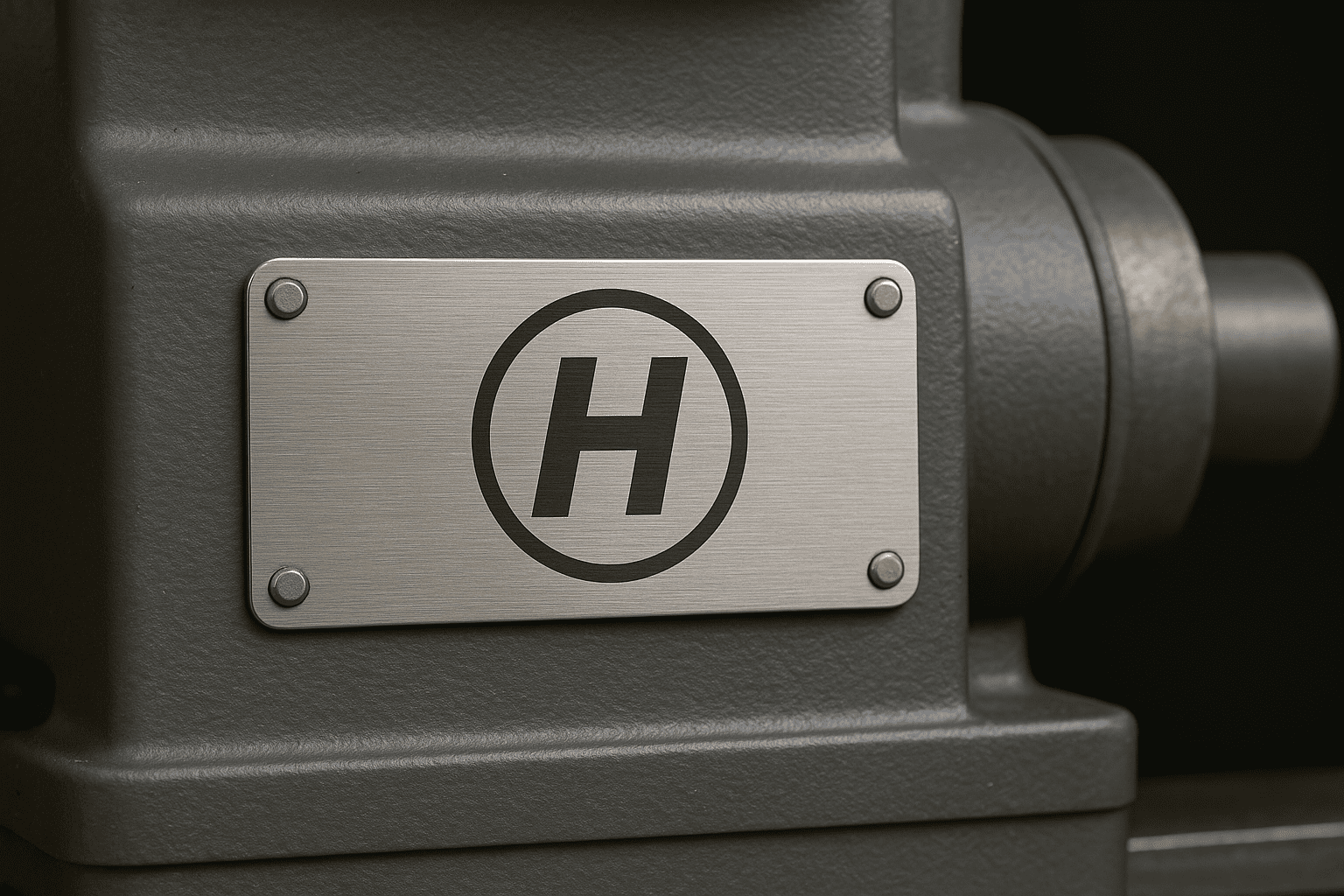 Riveted metal nameplate with logo on industrial machinery