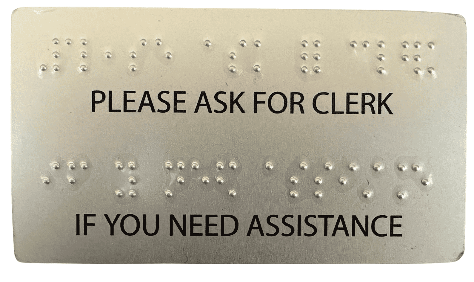 Metal sign engraved with text and braille dots