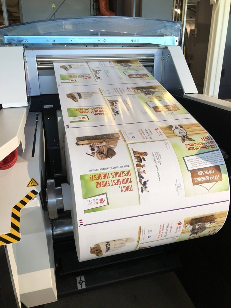 Roll of printed labels running through a digital press