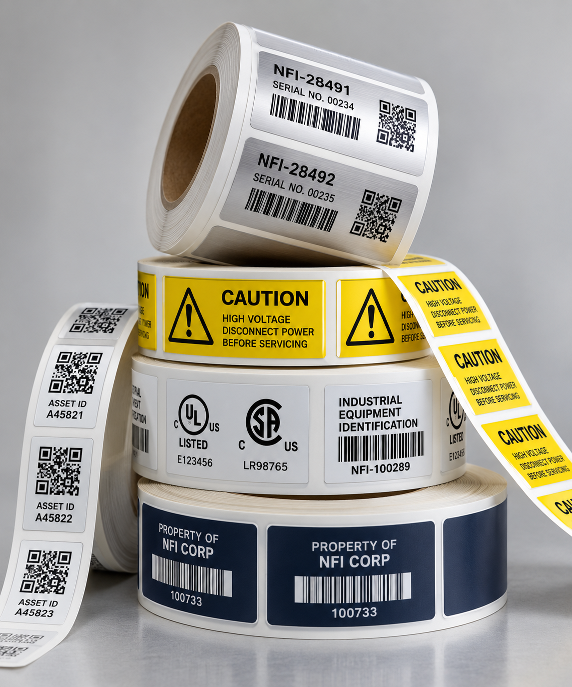 Industrial Label Rolls with Barcodes and Warnings