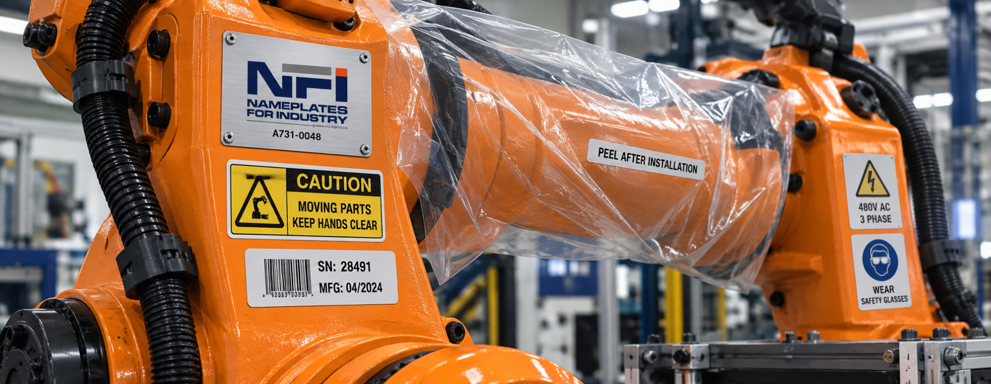 Orange Industrial Robots with Safety Labels