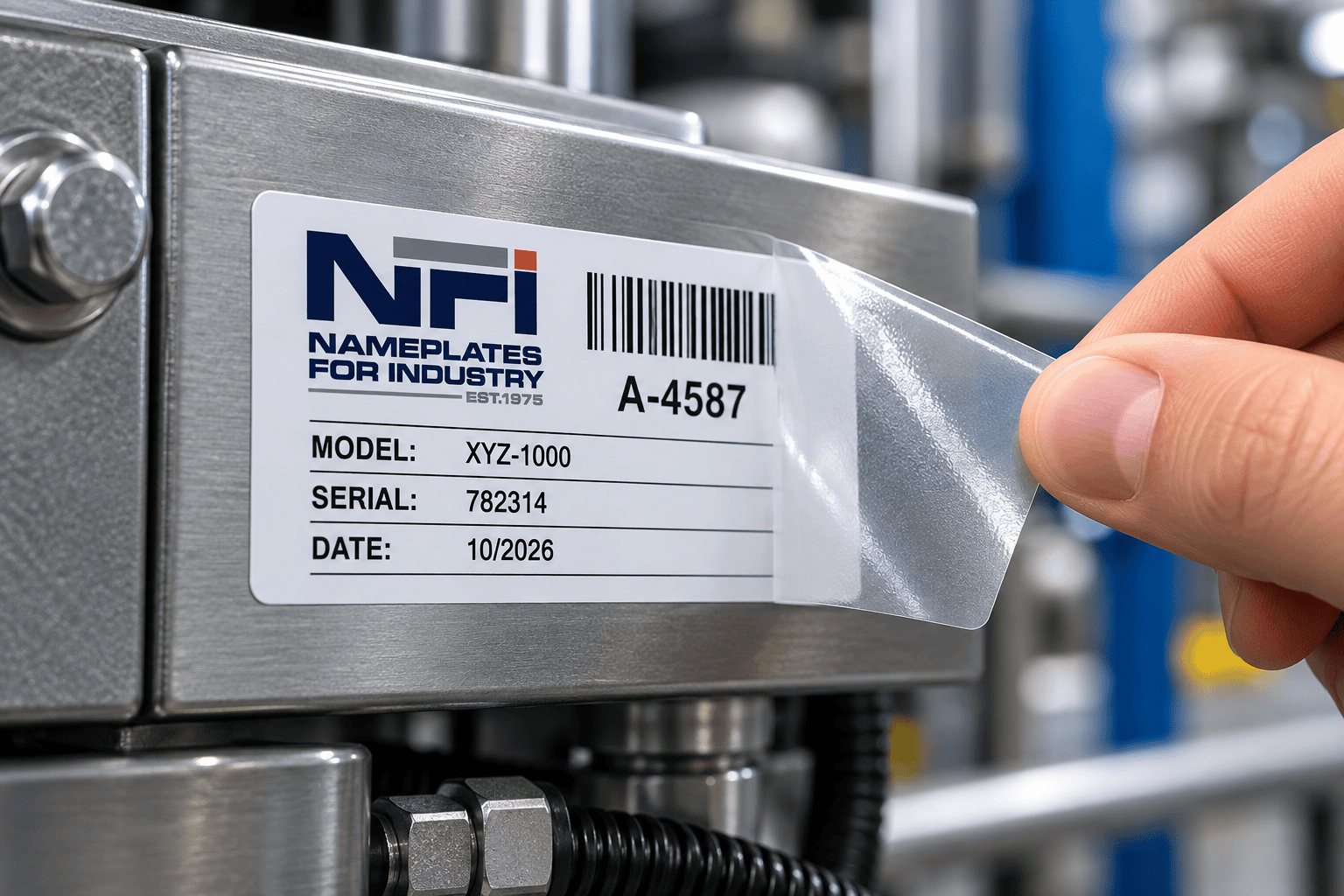 Custom self-laminating labels by NFI Corp protecting equipment identification, serial numbers, and barcodes on industrial machinery.