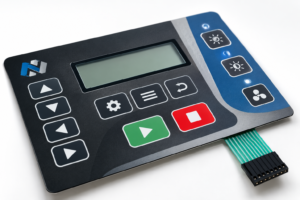 Custom industrial membrane switch keypad with integrated LCD display, tactile control buttons, and flexible ribbon connector.