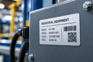Brushed metal industrial equipment nameplate mounted on a machine, displaying model number, serial number, voltage specifications, barcode, and QR code.