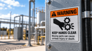 Safety label on outdoor industrial equipment warning workers to keep hands clear of moving gears.