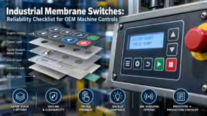 Industrial membrane switch reliability checklist for OEM machine controls, showing keypad construction layers, tactile feedback, sealing, backlighting, and EMI shielding.