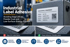 Industrial label adhesive infographic showing edge lift versus proper adhesion on powder-coated metal, with tips for surface preparation, adhesive selection, and durability testing.