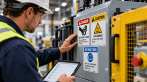 Worker inspecting safety labels on machinery, including moving parts warnings, hot surface cautions, and operating instructions.