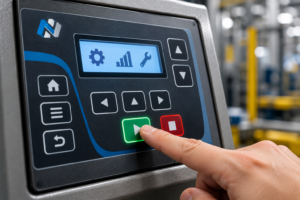 Industrial membrane switch control panel with backlit buttons and LCD display, showing an operator pressing the green start button on OEM machinery.