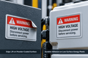 Comparison of industrial high-voltage warning labels showing edge lift on powder-coated metal versus durable adhesion on low-surface-energy plastic.