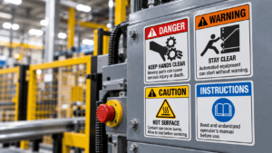 Industrial machinery displaying safety labels for moving parts, automated equipment, hot surfaces, and operator instructions.