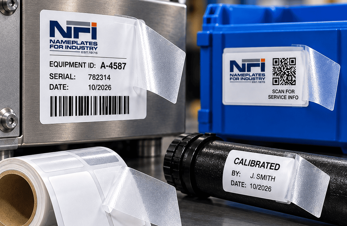 Custom self-laminating labels by NFI Corp featuring protective clear overlays, barcodes, QR codes, and equipment identification labels on metal and plastic surfaces.