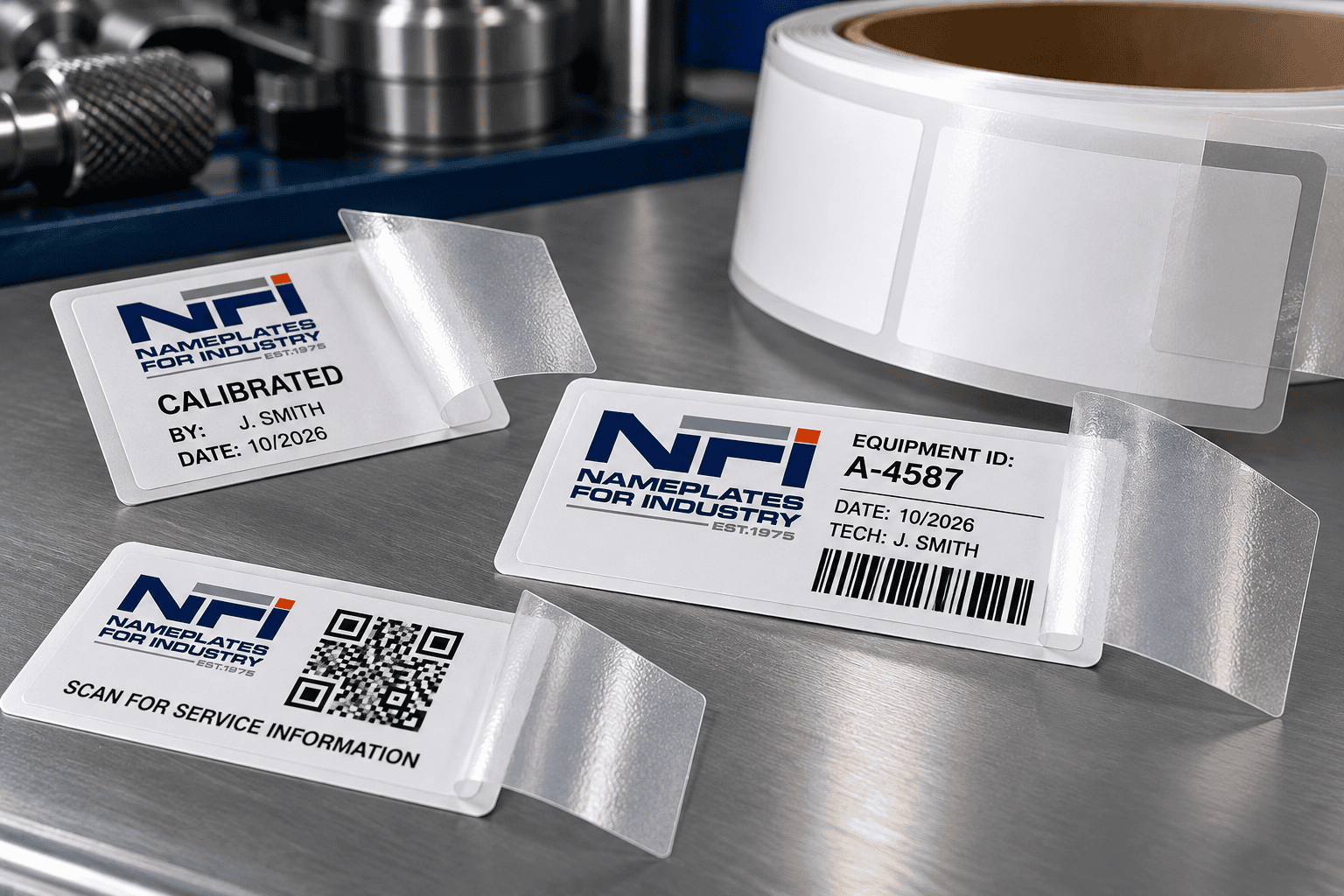 Custom self-laminating labels by NFI Corp featuring protective clear overlays, barcodes, QR codes, and calibration labels for industrial equipment identification.