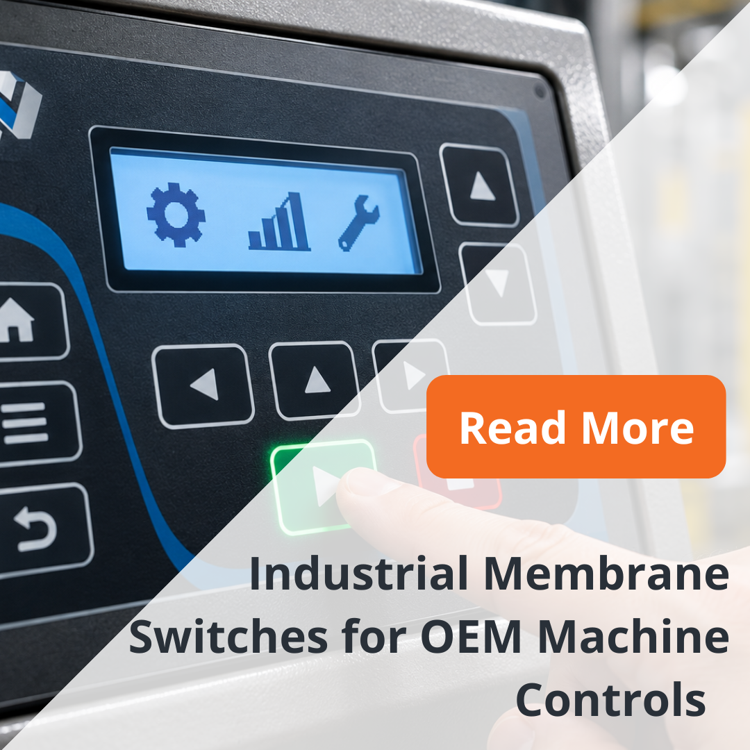 Industrial membrane switch control panel with backlit buttons and LCD display, promoting NFI Corp's OEM machine control solutions.