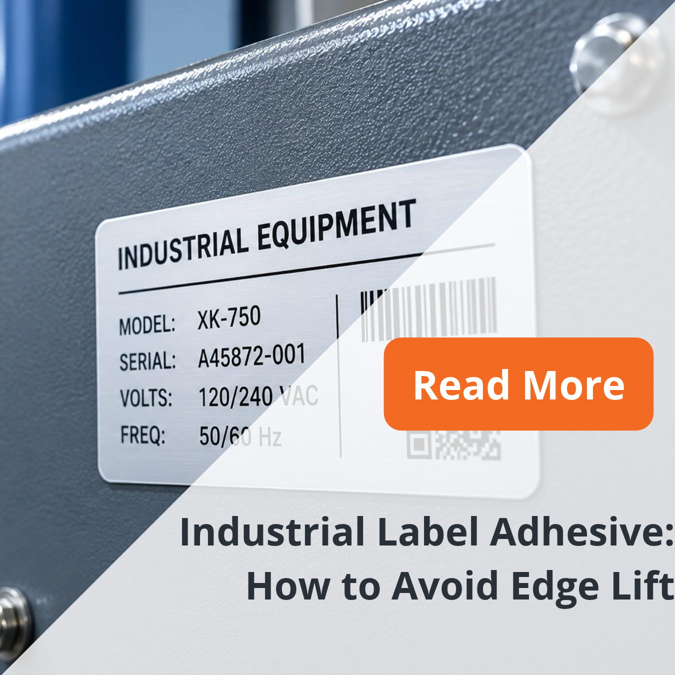 Custom industrial equipment metal nameplate with barcode and serial number, promoting NFI's guide to preventing industrial label adhesive edge lift.